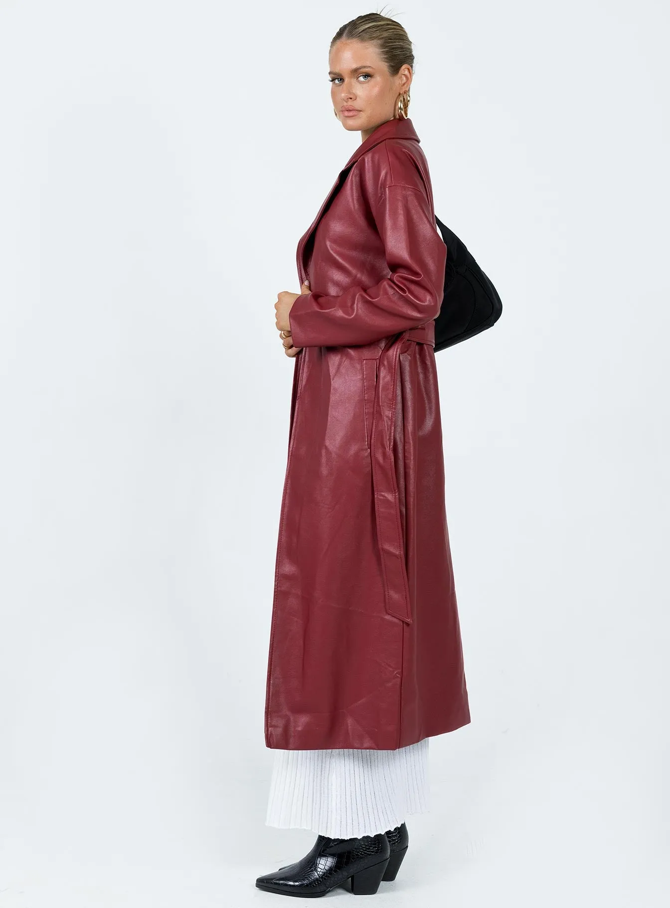 Leif Faux Leather Long Coat Burgundy