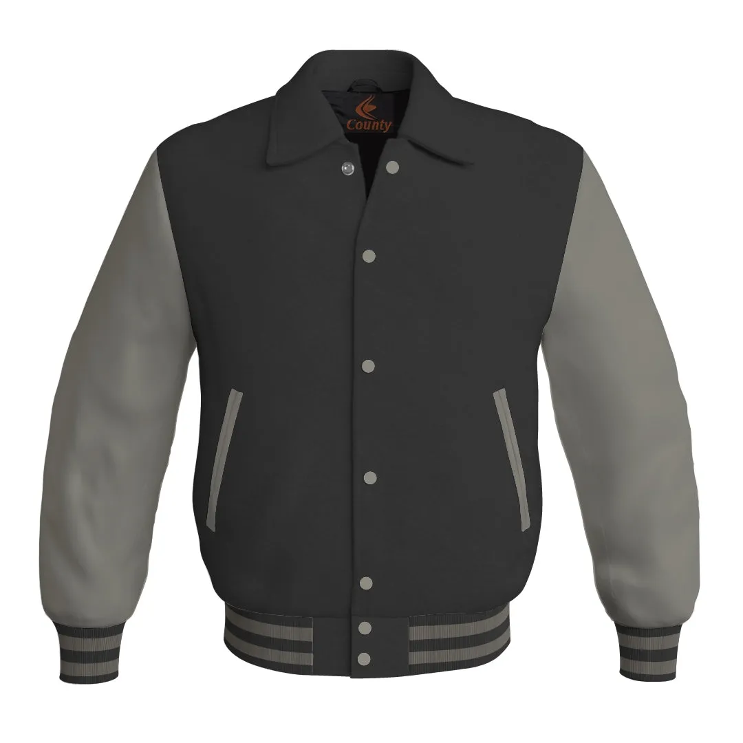 Letterman Varsity Classic Jacket Black Body and Gray Leather Sleeves