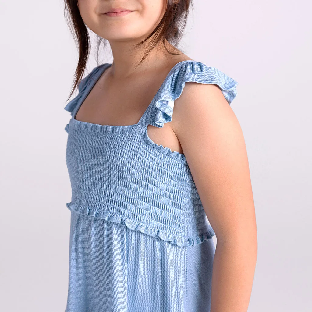 Light Blue Denim Smocked Babydoll Dress