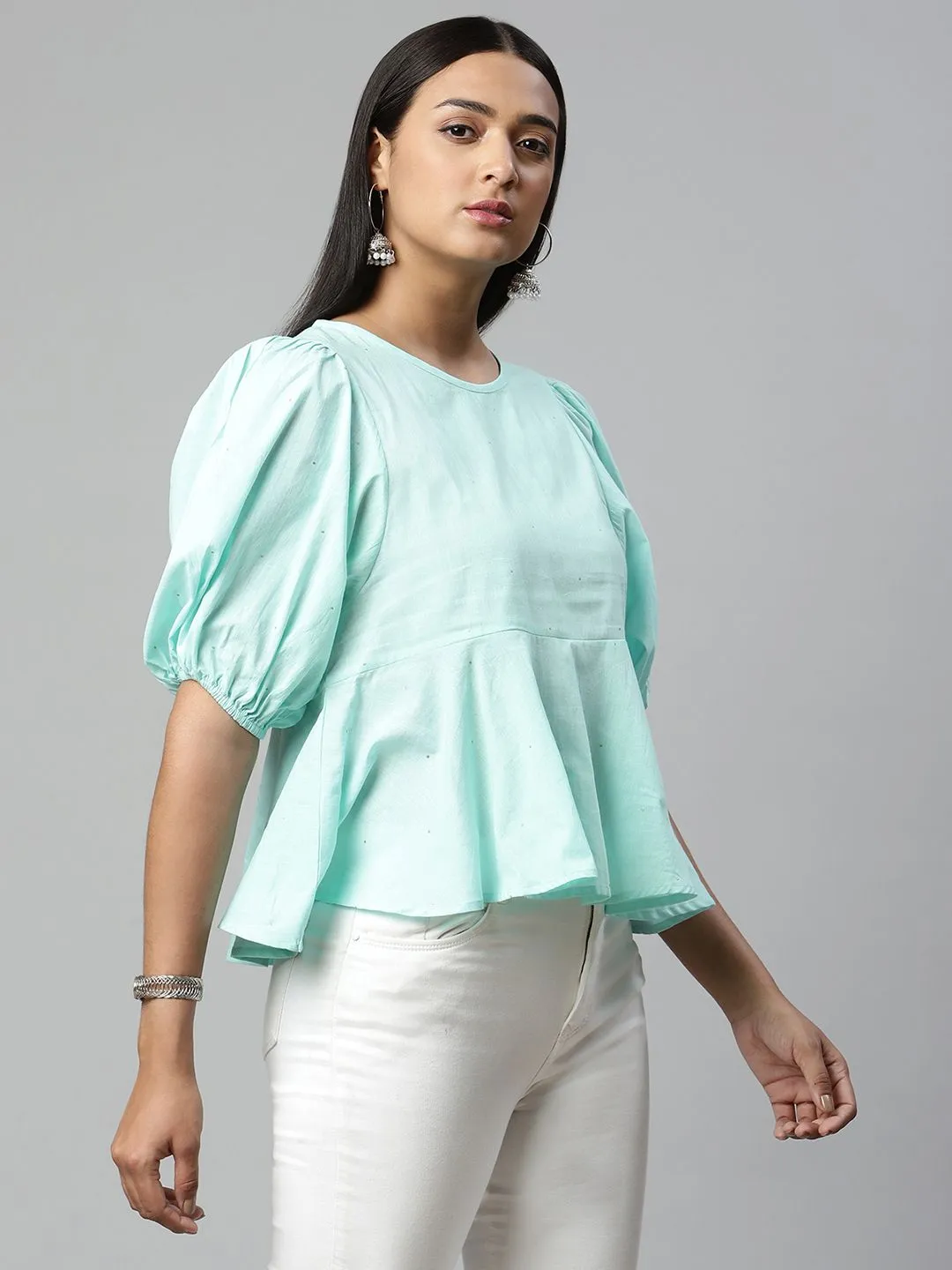 Light Blue Pure Cotton Printed Top