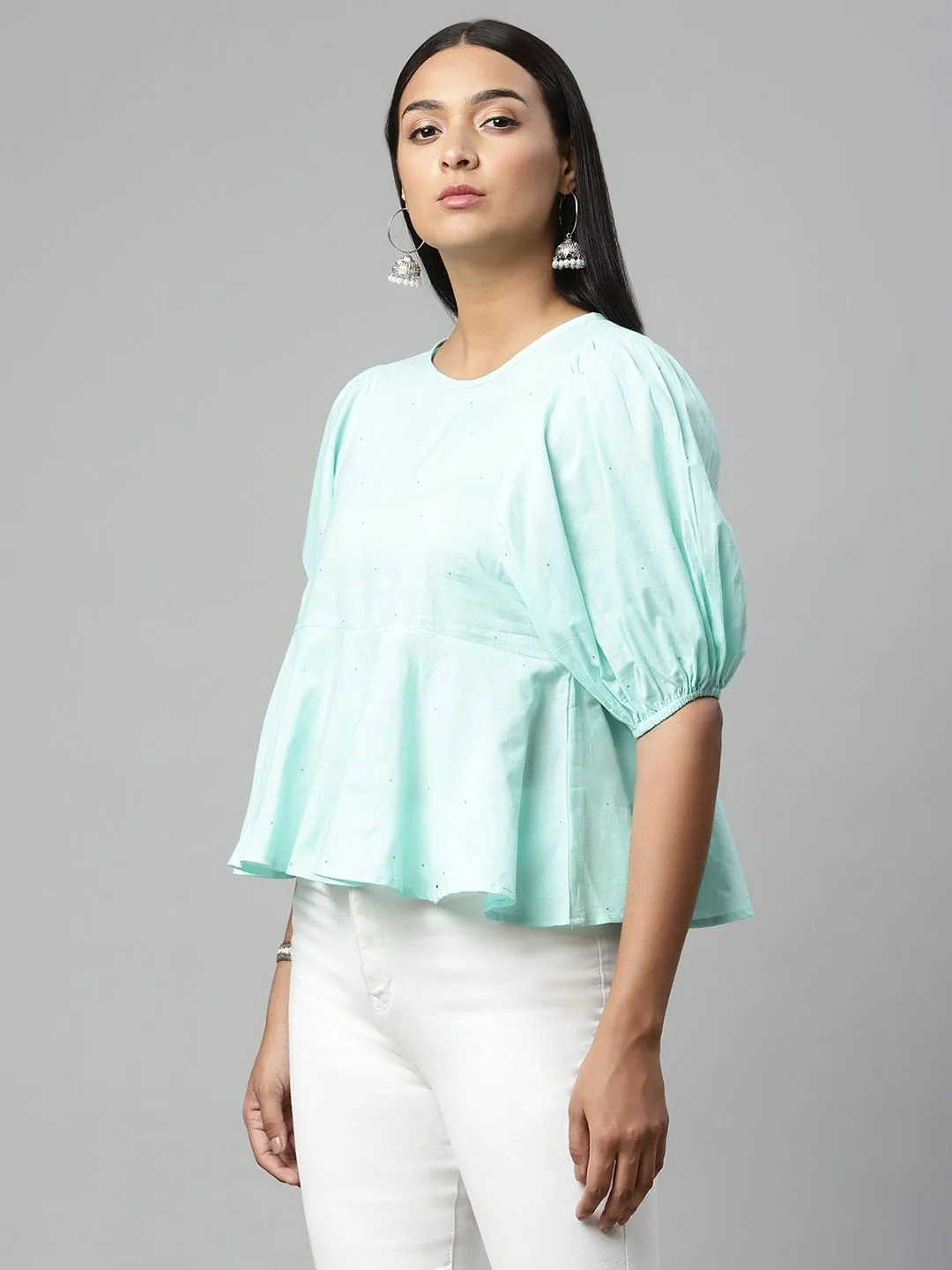 Light Blue Pure Cotton Printed Top