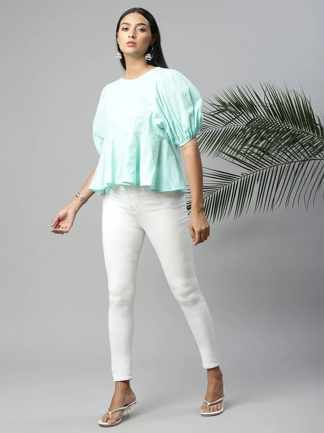 Light Blue Pure Cotton Printed Top