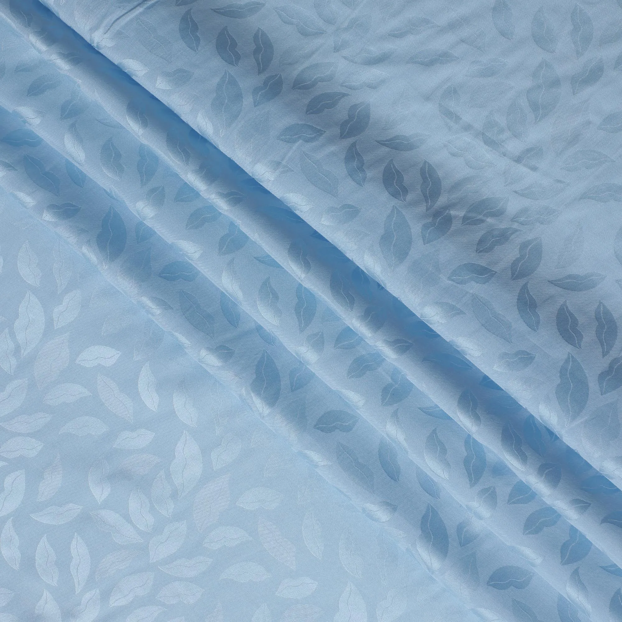 Light Blue Silk Satin Fabric with Leaf Pattern, 110 cm Width-D20960