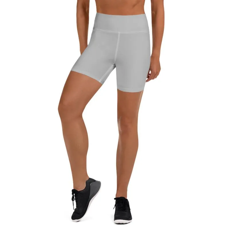 Light Gray Yoga Shorts, Solid Color Designer Fitness Shorts With Pockets-Made in USA/EU