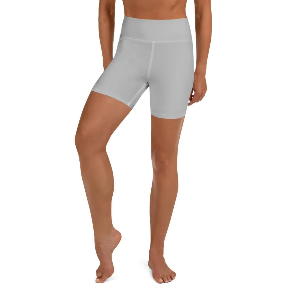 Light Gray Yoga Shorts, Solid Color Designer Fitness Shorts With Pockets-Made in USA/EU