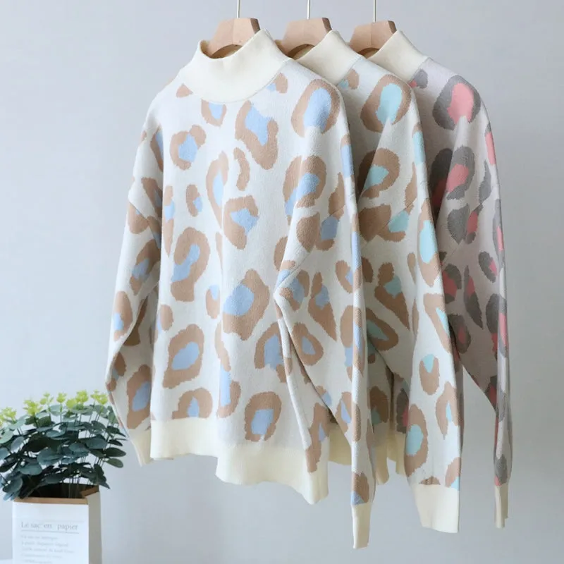 Loose-Fitting Leopard Print Turtleneck Long Sleeve Pullover Sweaters