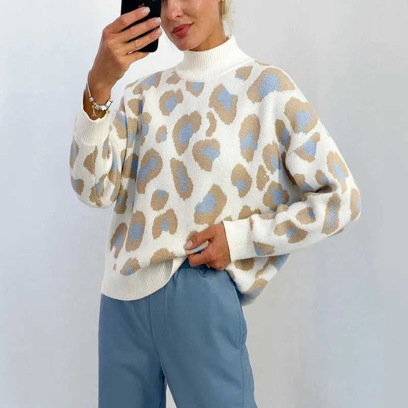 Loose-Fitting Leopard Print Turtleneck Long Sleeve Pullover Sweaters