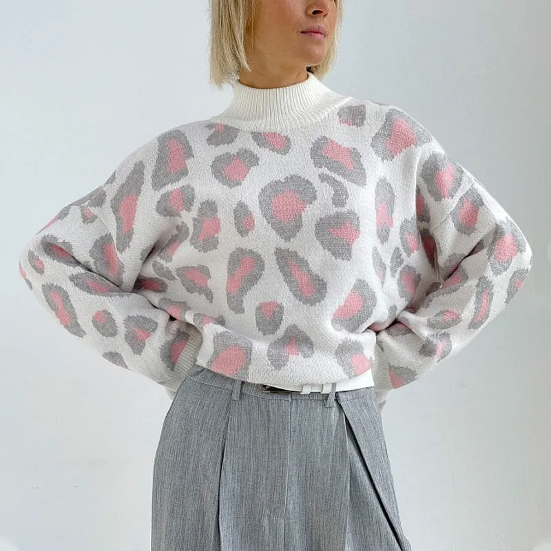 Loose-Fitting Leopard Print Turtleneck Long Sleeve Pullover Sweaters