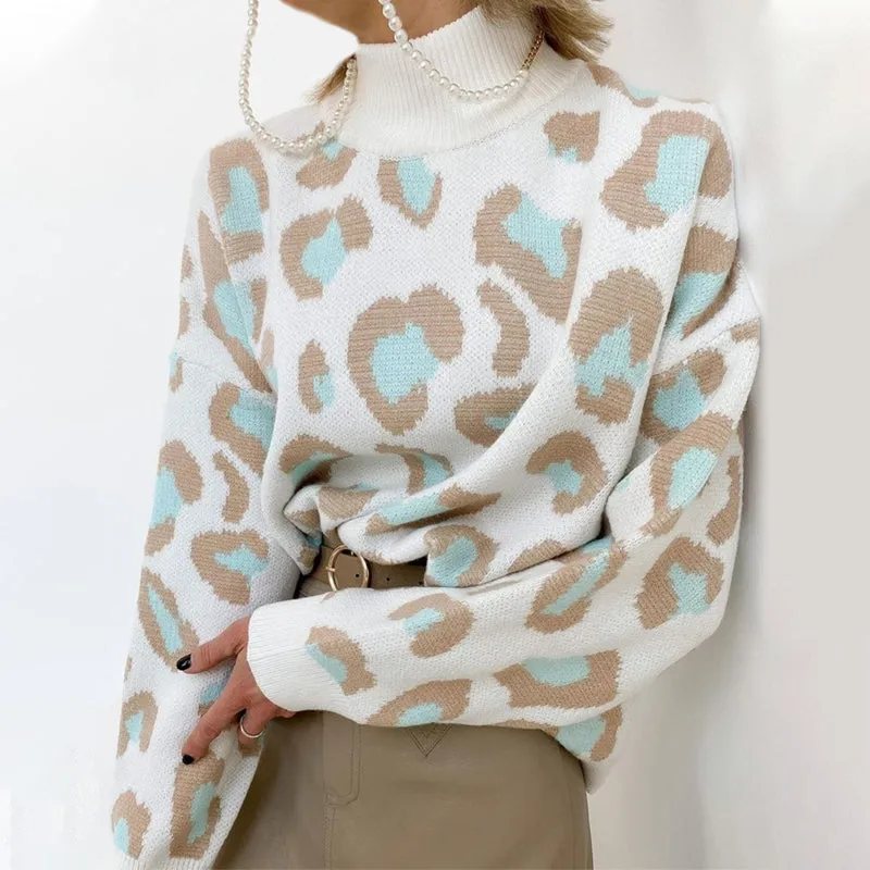 Loose-Fitting Leopard Print Turtleneck Long Sleeve Pullover Sweaters