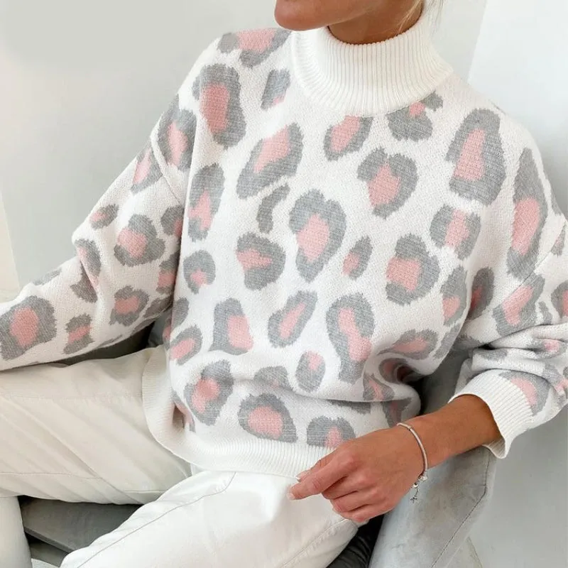 Loose-Fitting Leopard Print Turtleneck Long Sleeve Pullover Sweaters