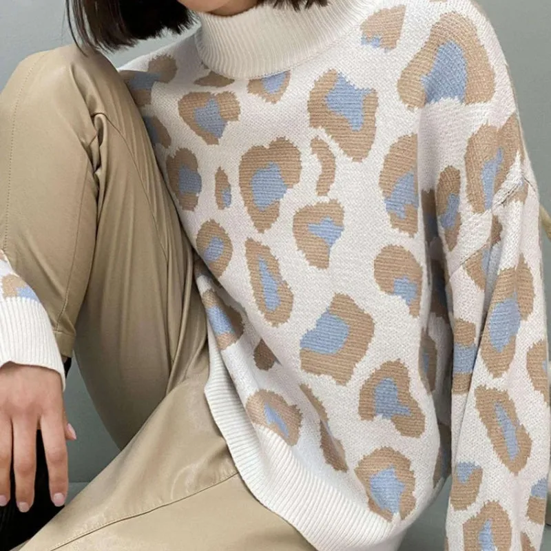 Loose-Fitting Leopard Print Turtleneck Long Sleeve Pullover Sweaters