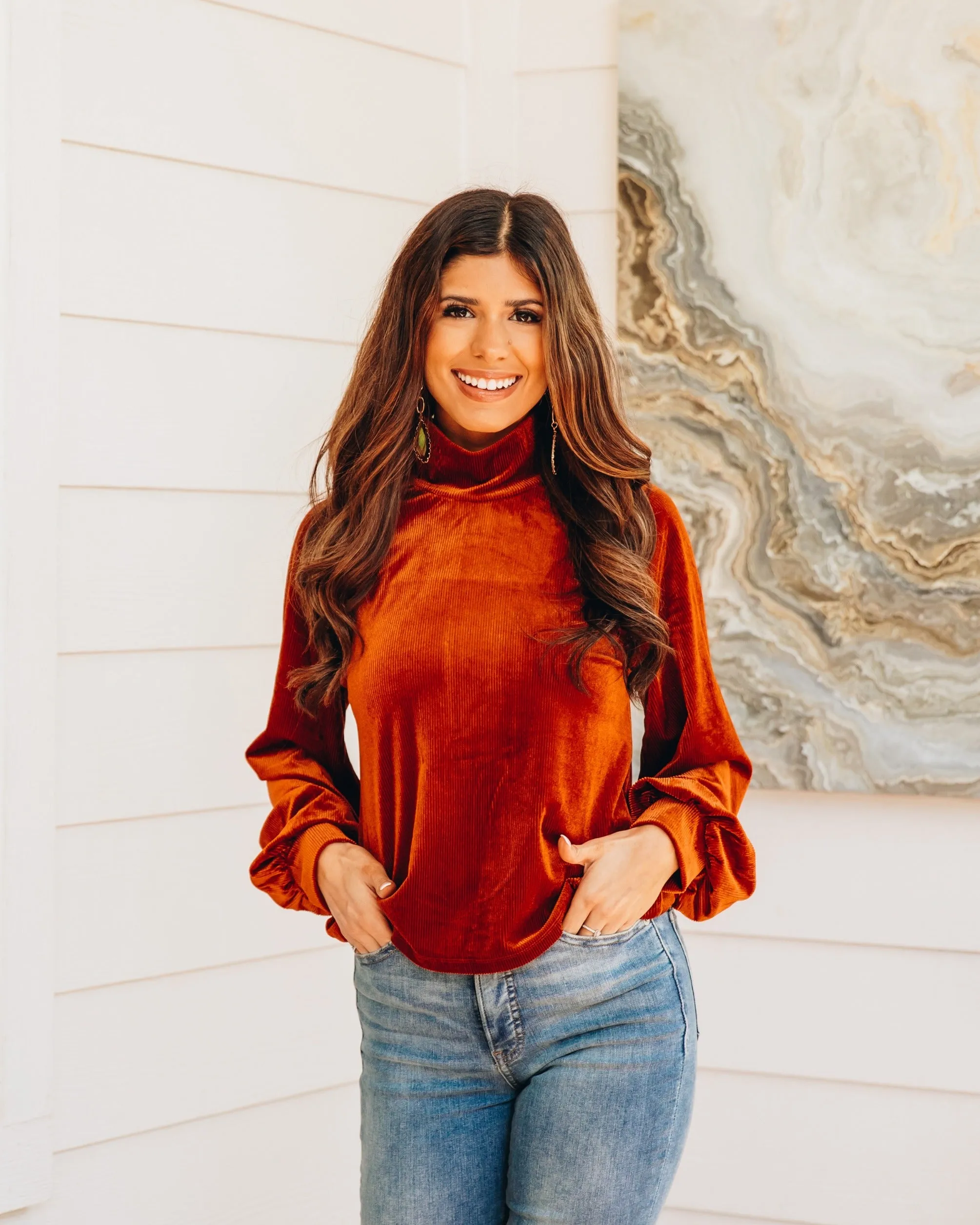 Love and Cherish Velvet Turtleneck in Rust