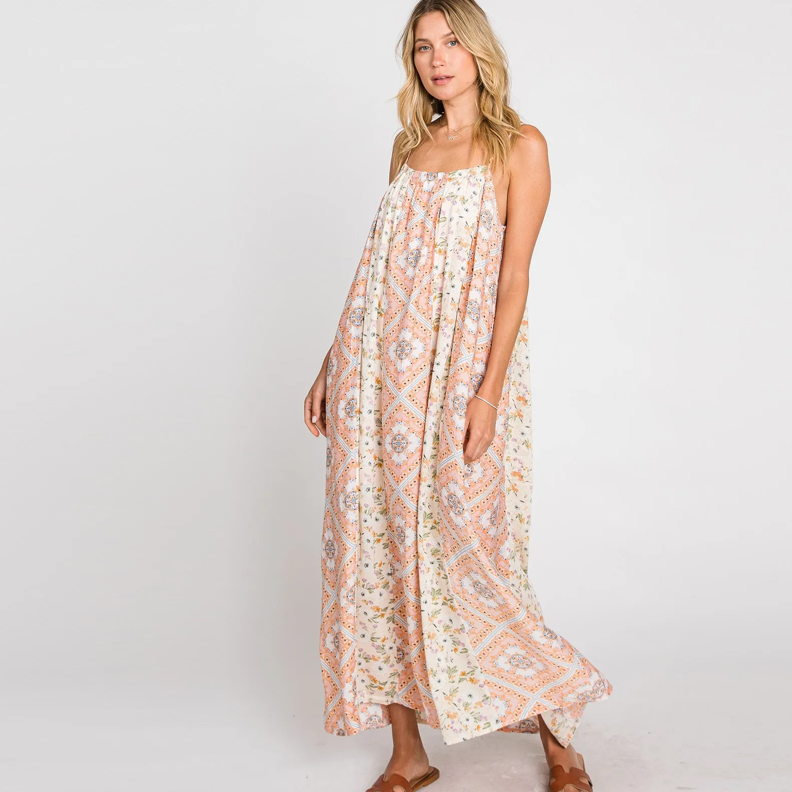 Lovely Mix Print Sleeveless Maxi Dress