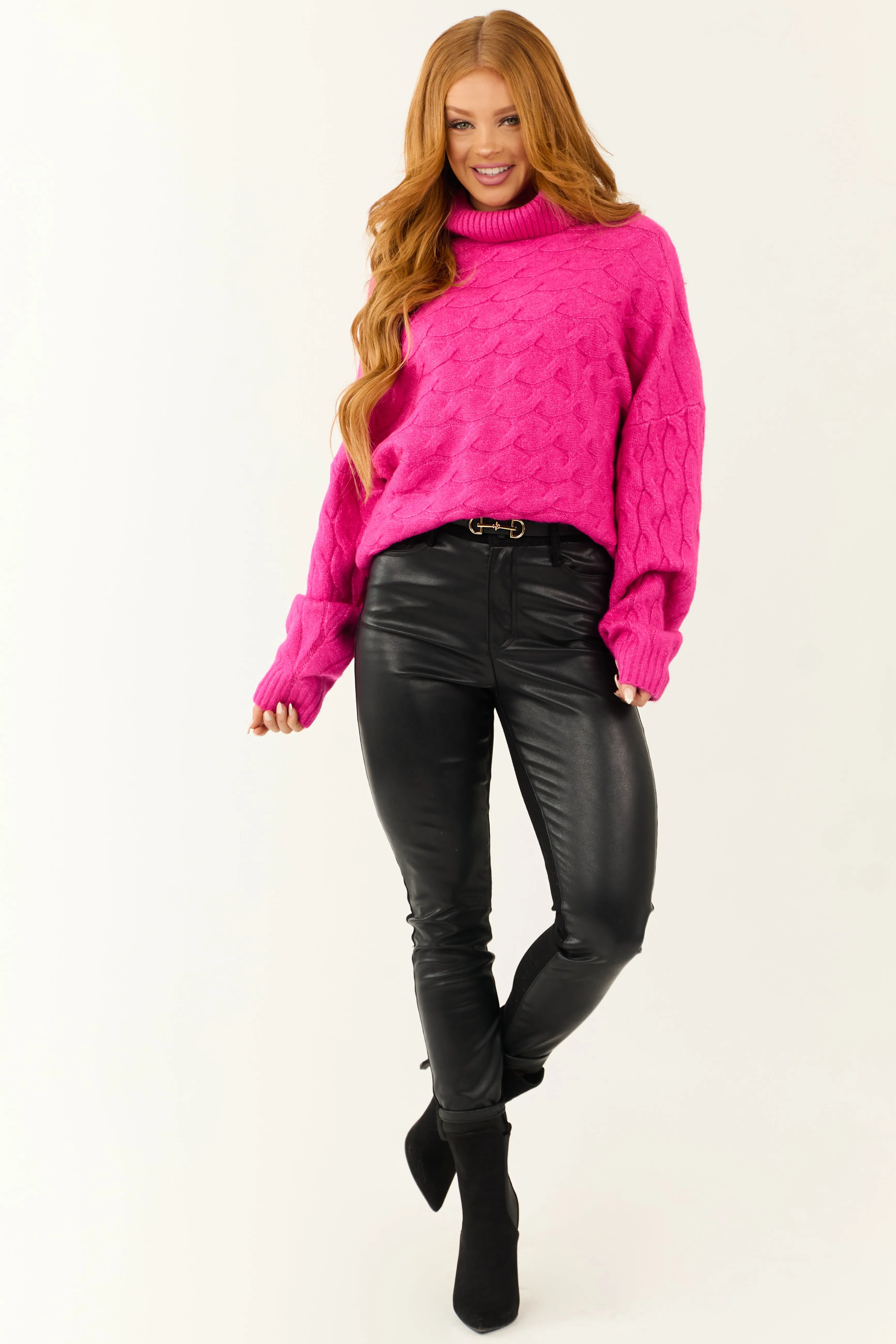 Magenta Braided Knit Turtleneck Soft Sweater