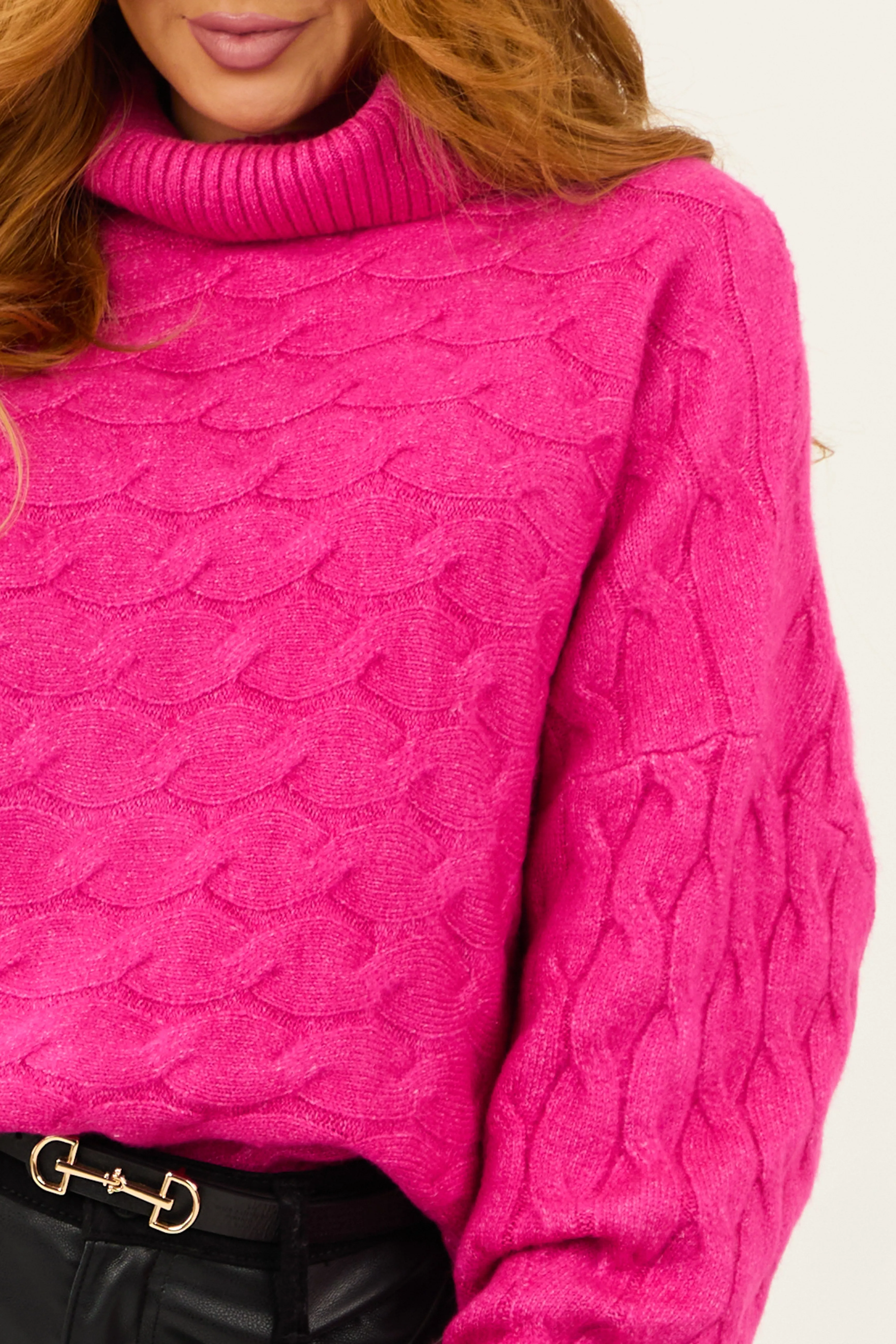 Magenta Braided Knit Turtleneck Soft Sweater