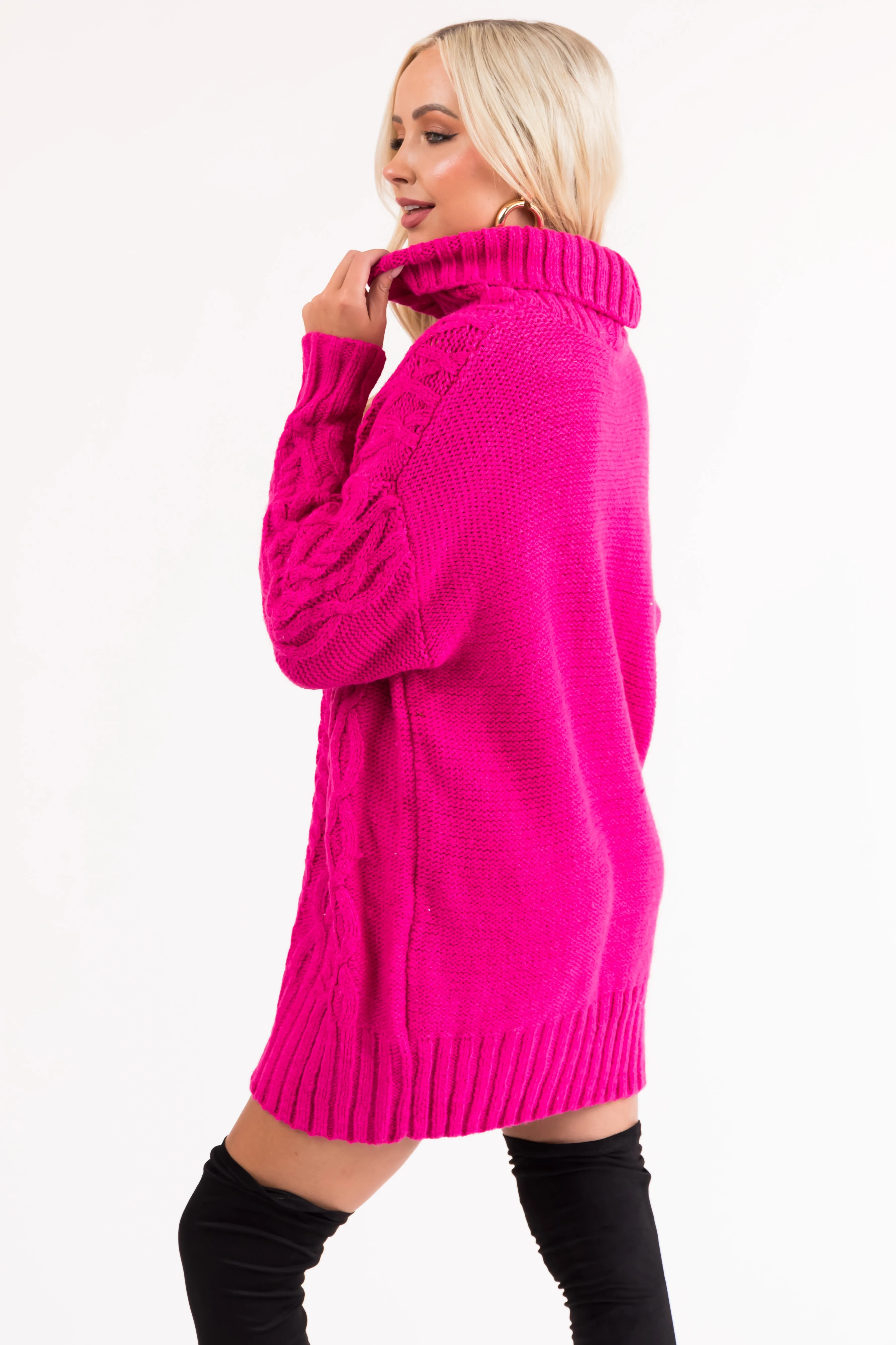 Magenta Cable Knit Turtleneck Sweater Dress