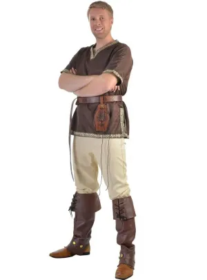 Medieval Mens Plus Size Brown Costume Shirt with Jacquard Trim