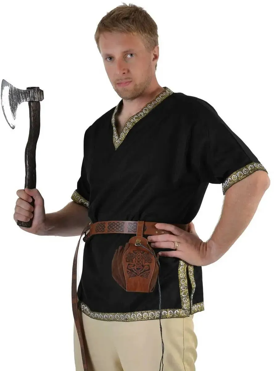 Medieval Plus Size Mens Black Costume Shirt with Jacquard Trim