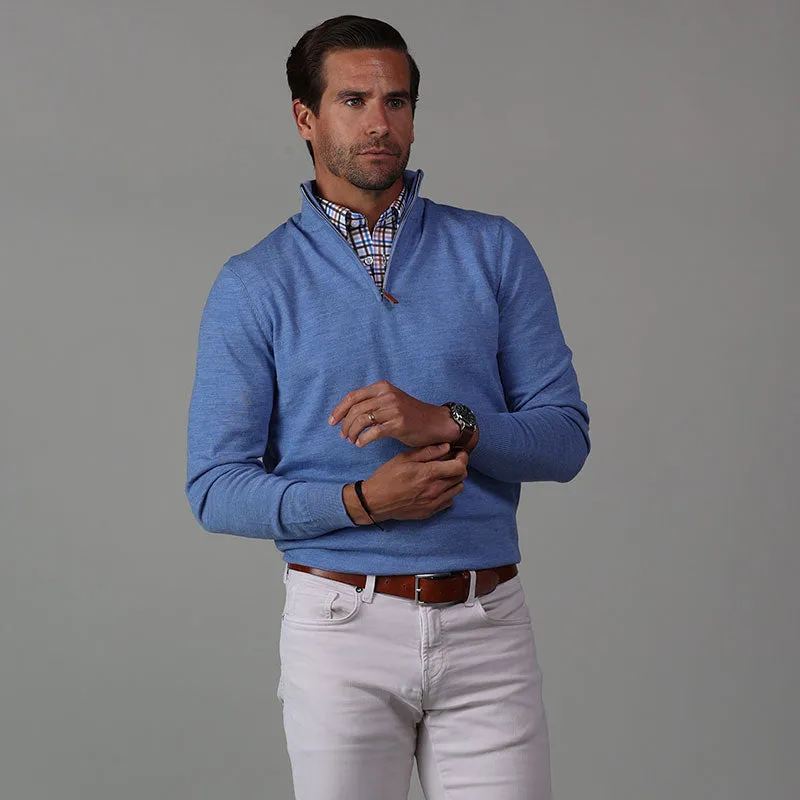 Melange Blue Cashmere Touch Australian Merino Quarter Zip Sweater