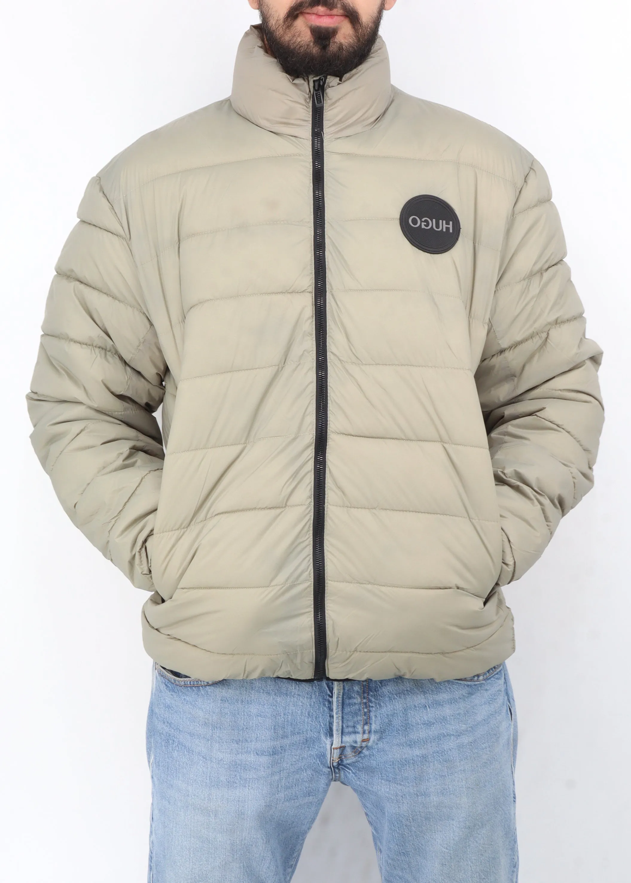 Men's Brand Logo Patched Quilted Jacket,Light Olive