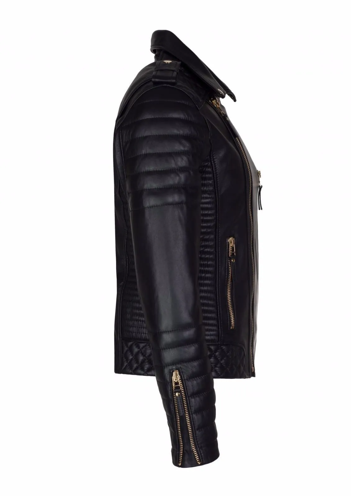 MENS KAY MICHAEL GENUINE SHEEP LEATHER JACKET BLACK DIAMOND QUILTED SLIM FIT JACKET GOLDEN ZIPPERS