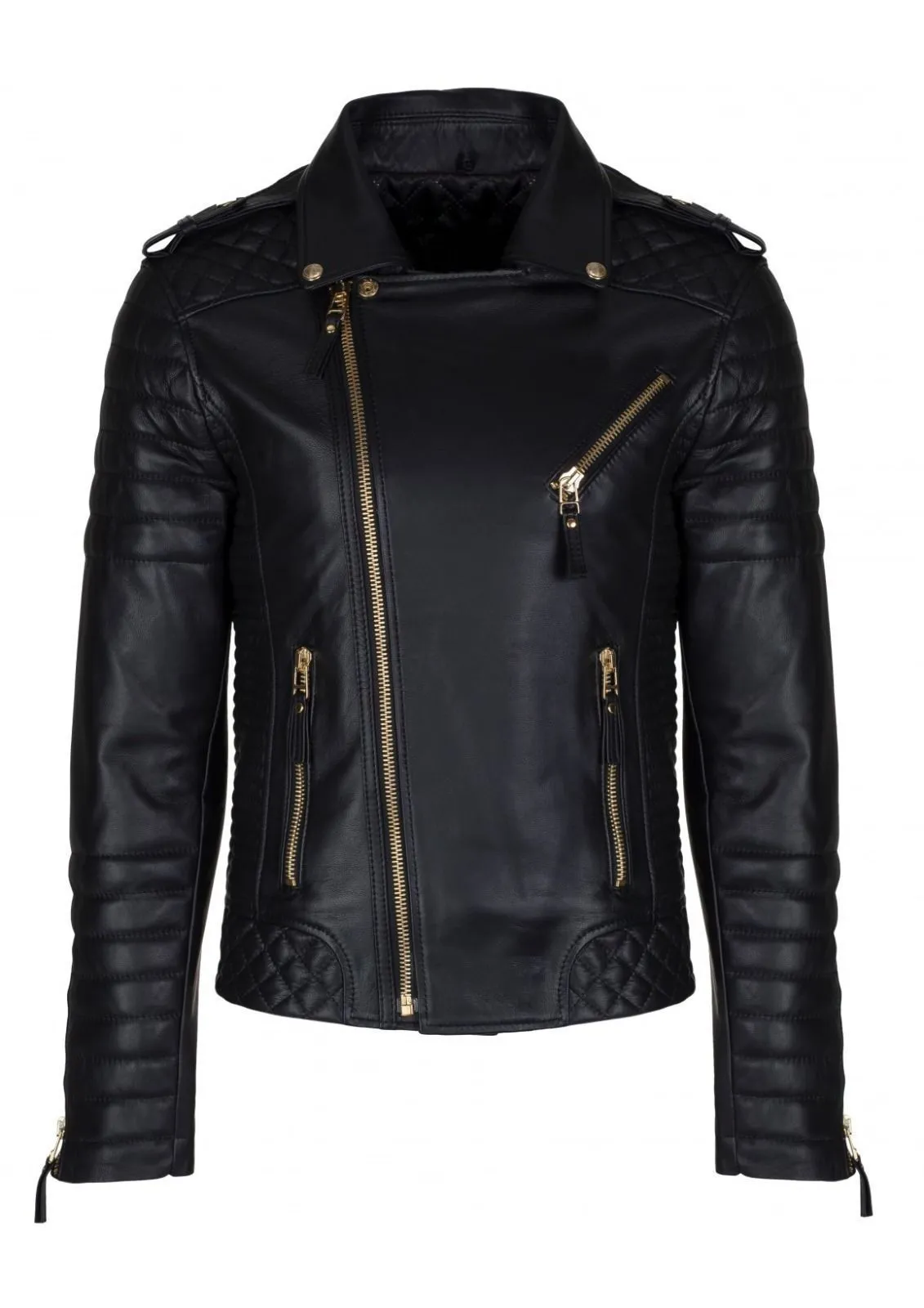 MENS KAY MICHAEL GENUINE SHEEP LEATHER JACKET BLACK DIAMOND QUILTED SLIM FIT JACKET GOLDEN ZIPPERS