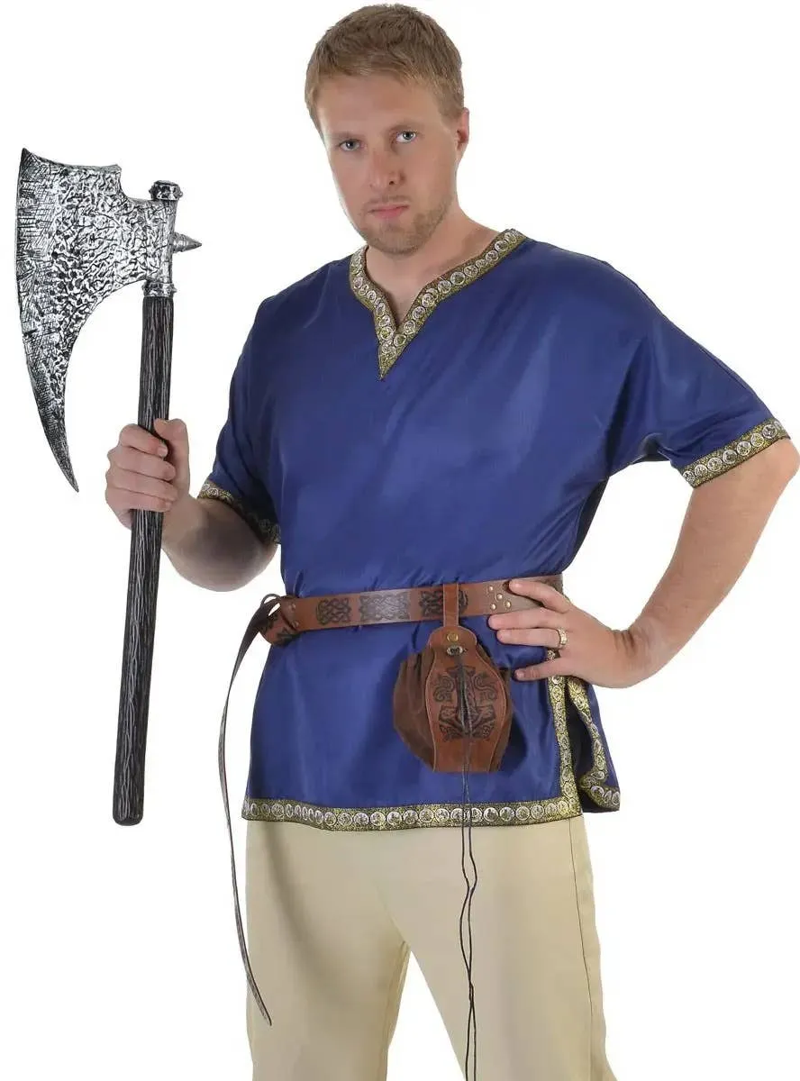 Mens Plus Size Blue Medieval Costume Shirt with Jacquard Trim