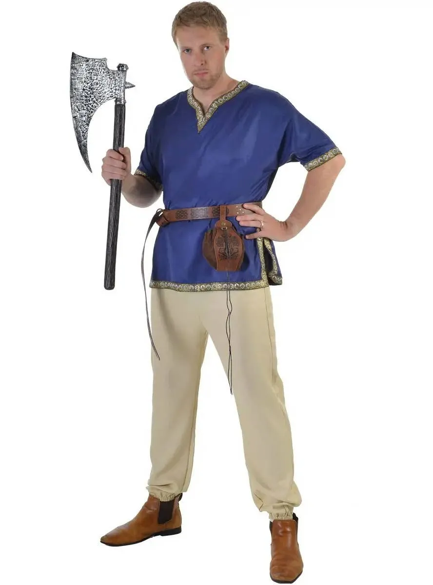 Mens Plus Size Blue Medieval Costume Shirt with Jacquard Trim