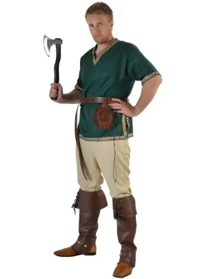 Mens Plus Size Green Medieval Costume Shirt with Jacquard Trim