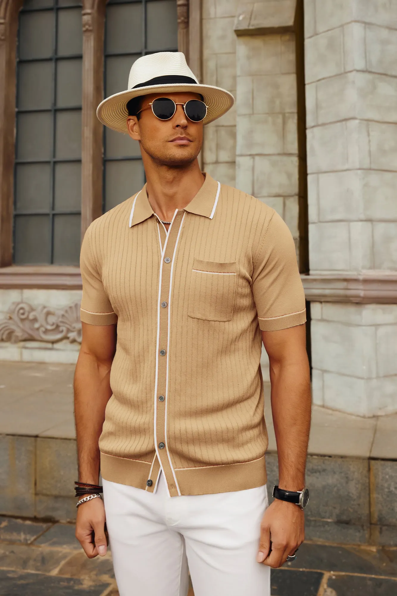 Men's Short Sleeve Knit Polo Cardigans Shirts Vintage Golf Polo Shirt