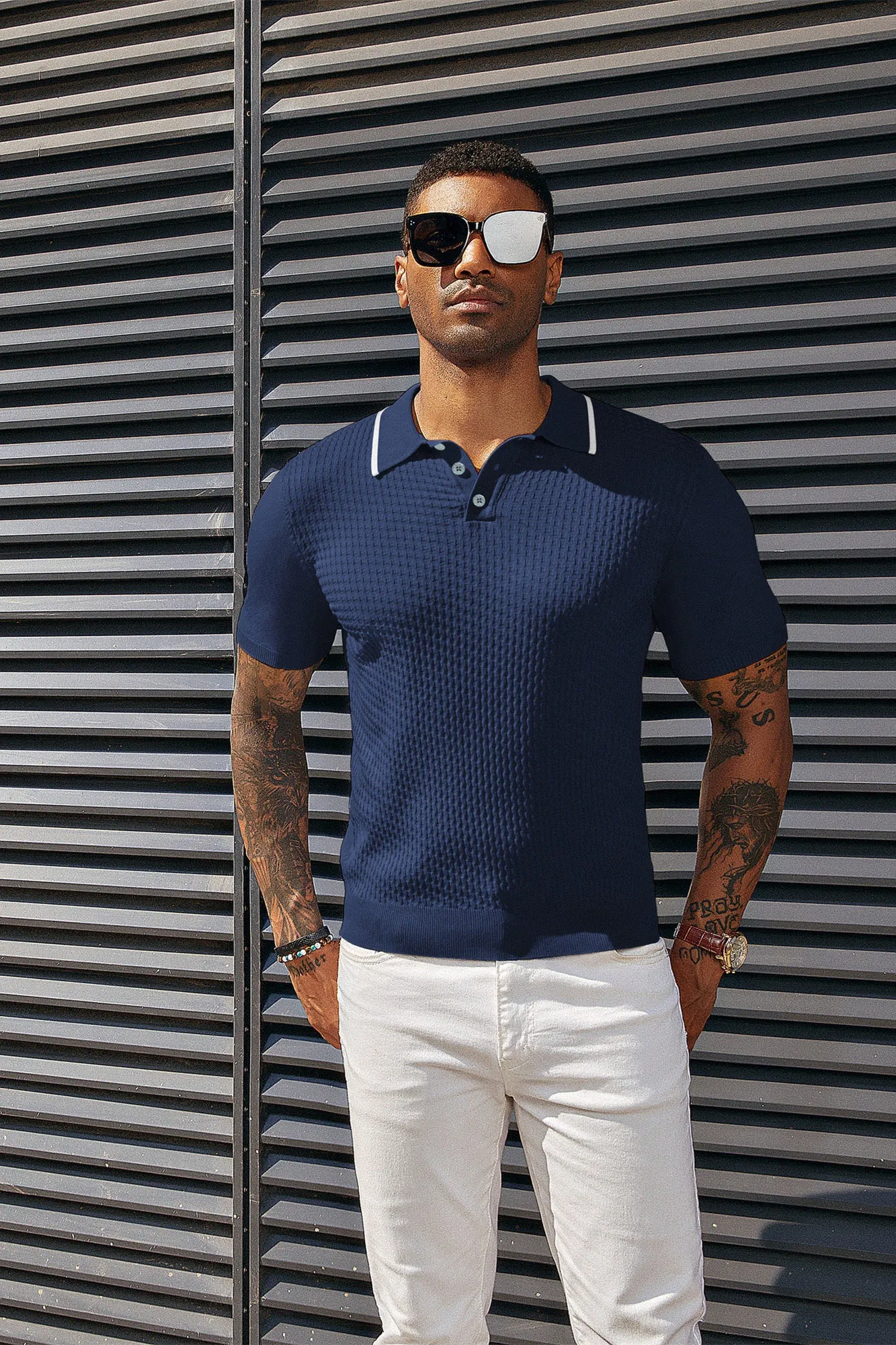 Men's Short Sleeve Knit Polo Shirts Waffle Texture Knit Shirt