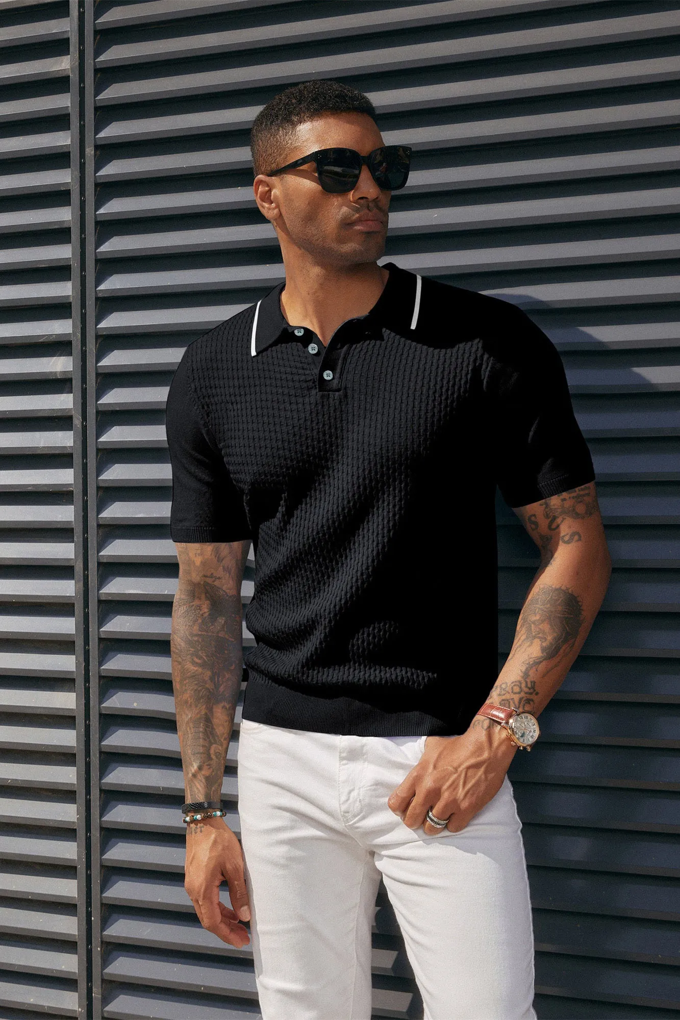 Men's Short Sleeve Knit Polo Shirts Waffle Texture Knit Shirt