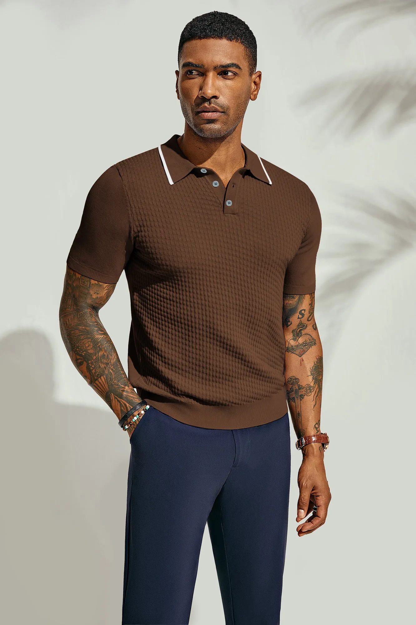 Men's Short Sleeve Knit Polo Shirts Waffle Texture Knit Shirt