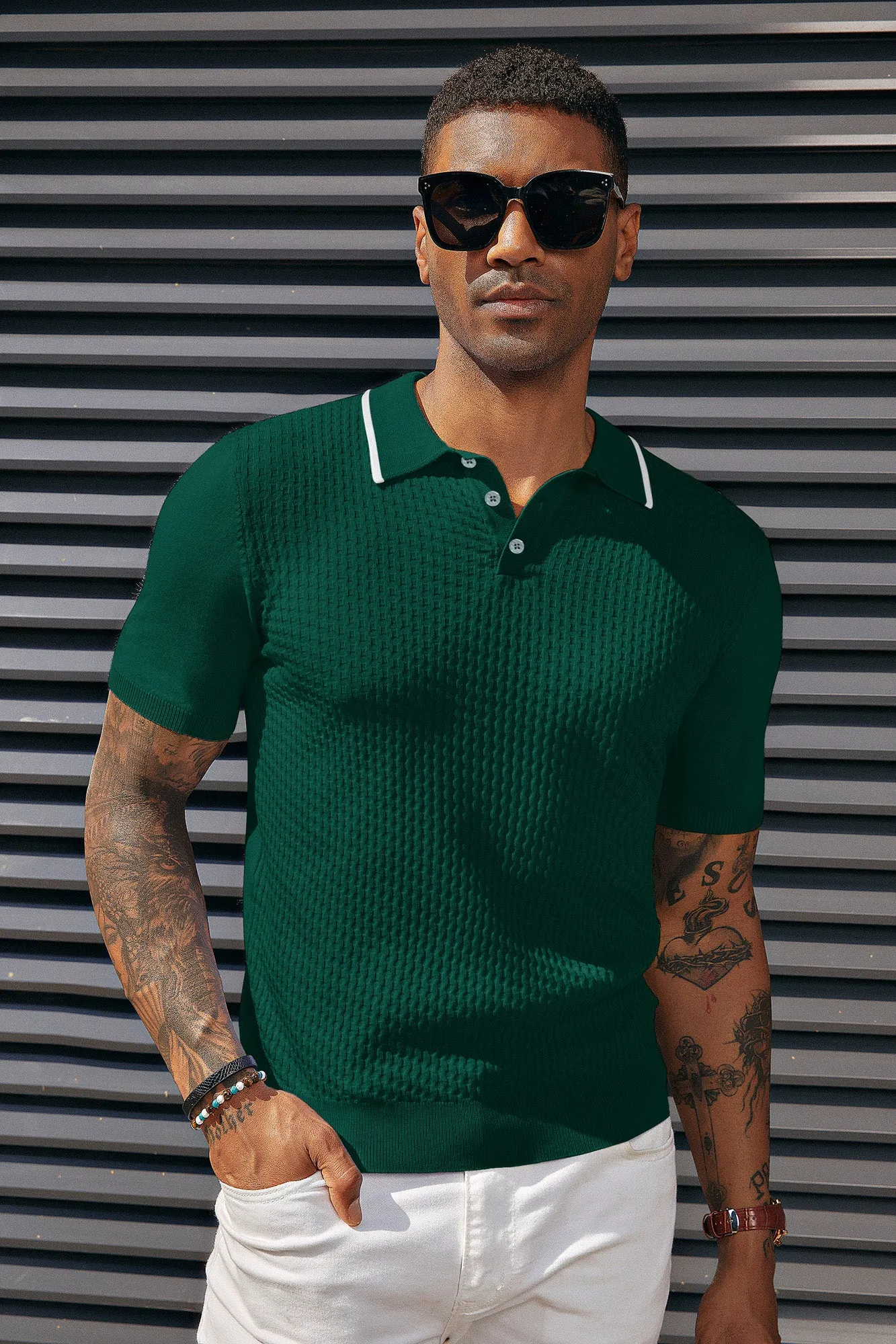 Men's Short Sleeve Knit Polo Shirts Waffle Texture Knit Shirt