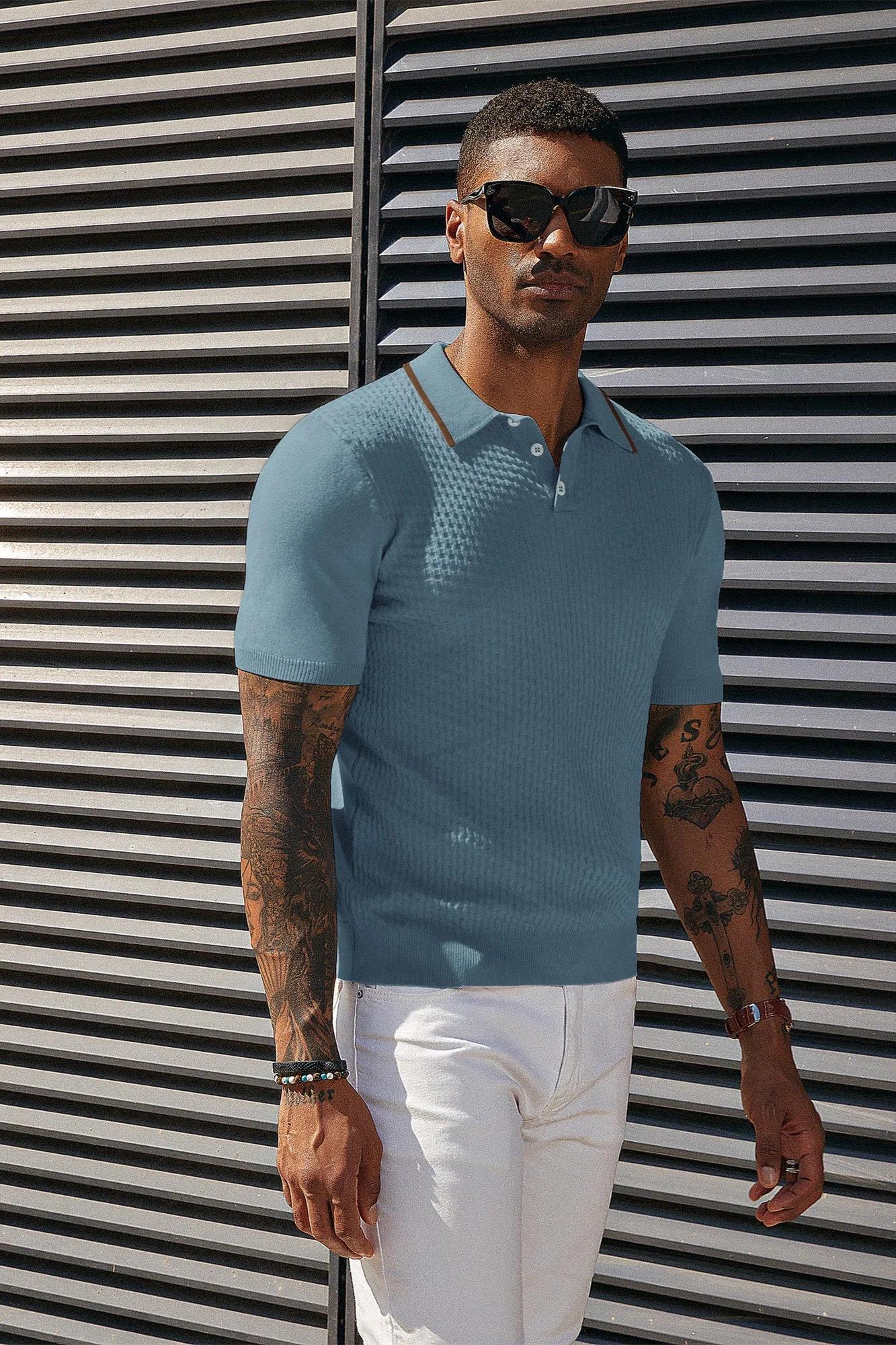 Men's Short Sleeve Knit Polo Shirts Waffle Texture Knit Shirt