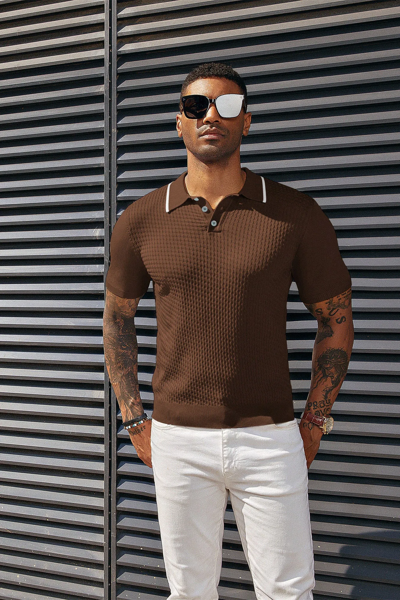 Men's Short Sleeve Knit Polo Shirts Waffle Texture Knit Shirt