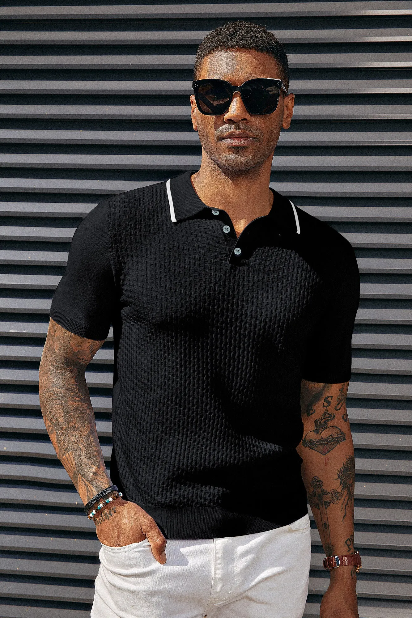 Men's Short Sleeve Knit Polo Shirts Waffle Texture Knit Shirt