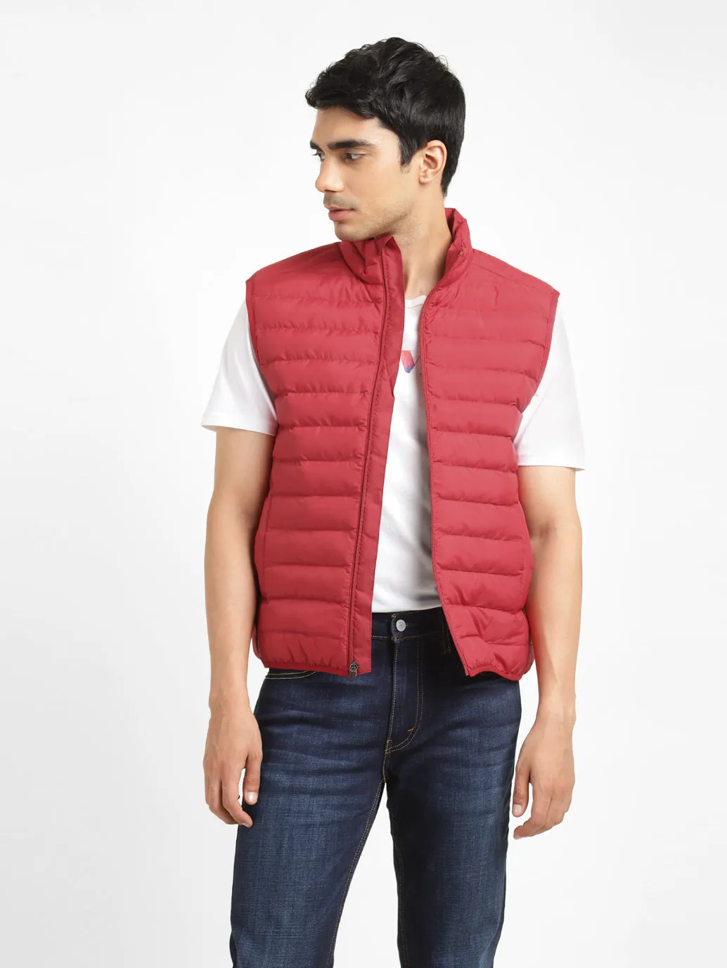 Men's Solid Red Sleeveless Quilted Jacket