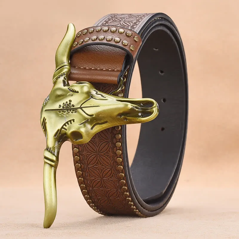 Men's Western Cattle Head Rivet Embossed Leather Belt