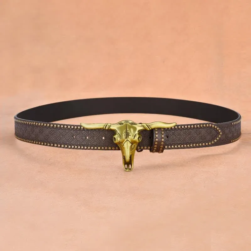 Men's Western Cattle Head Rivet Embossed Leather Belt