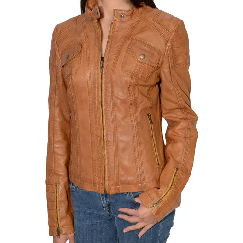 Milwaukee Leather SFL2805 Women's Cognac Quilted Mandarin Collar Fashion Casual Leather Jacket