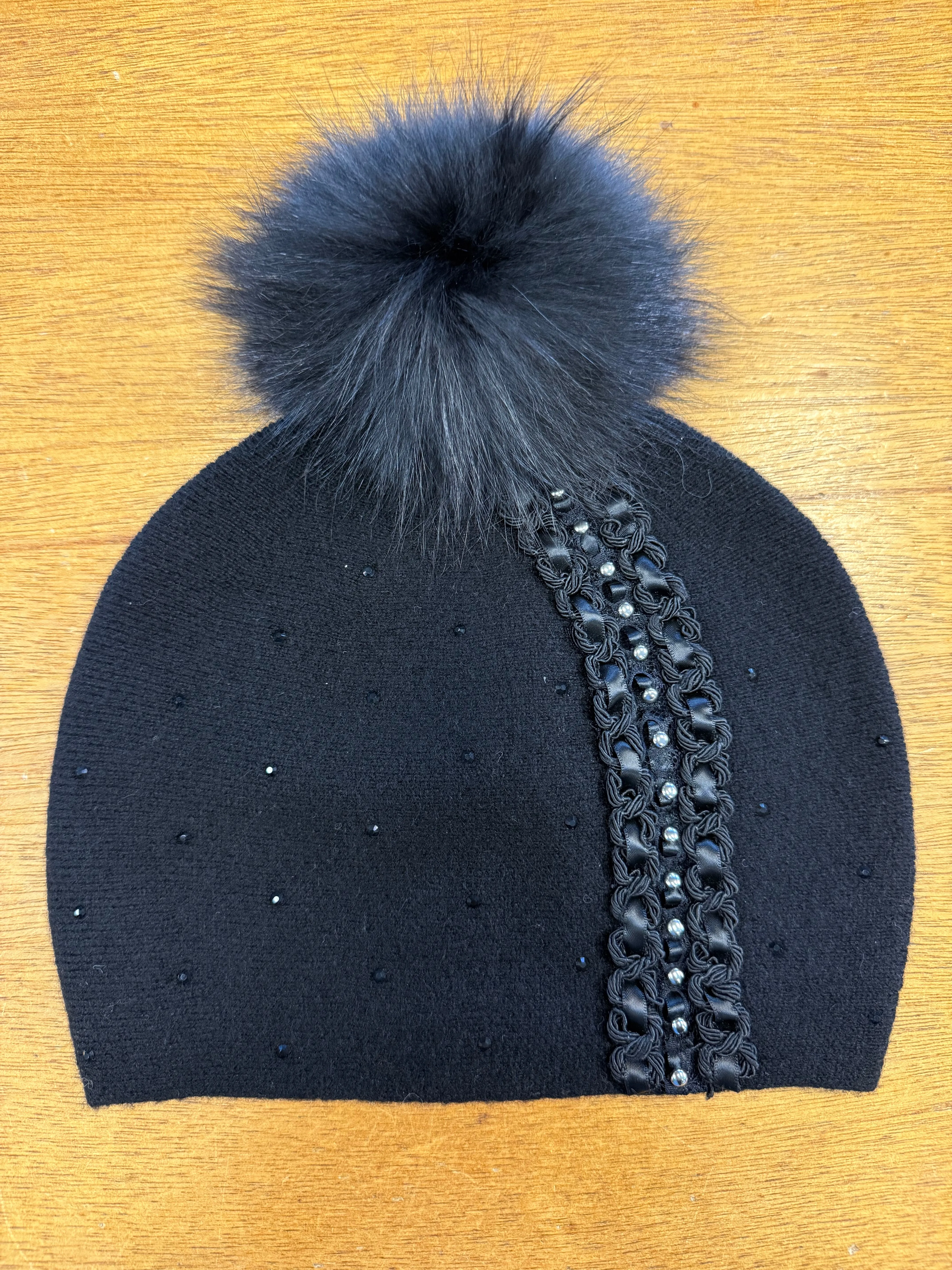 Mitchie's Matchings | Braid Detail Wool Hat with Crystals and Fox Fur Pom