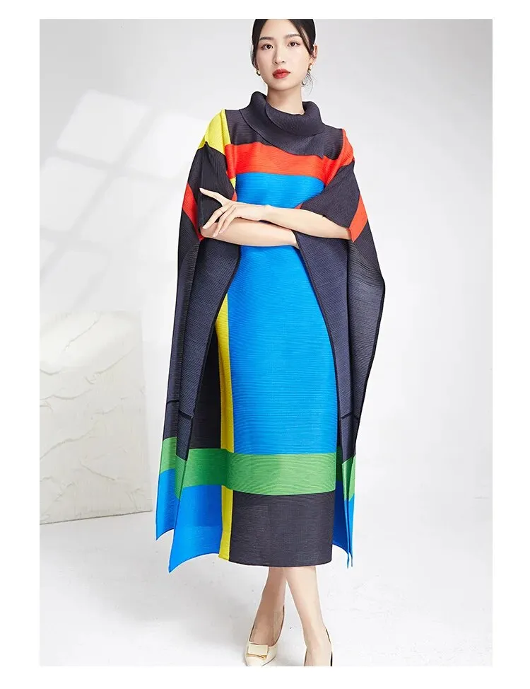 Miyake Pleated Contrast Turtleneck Midi Dress