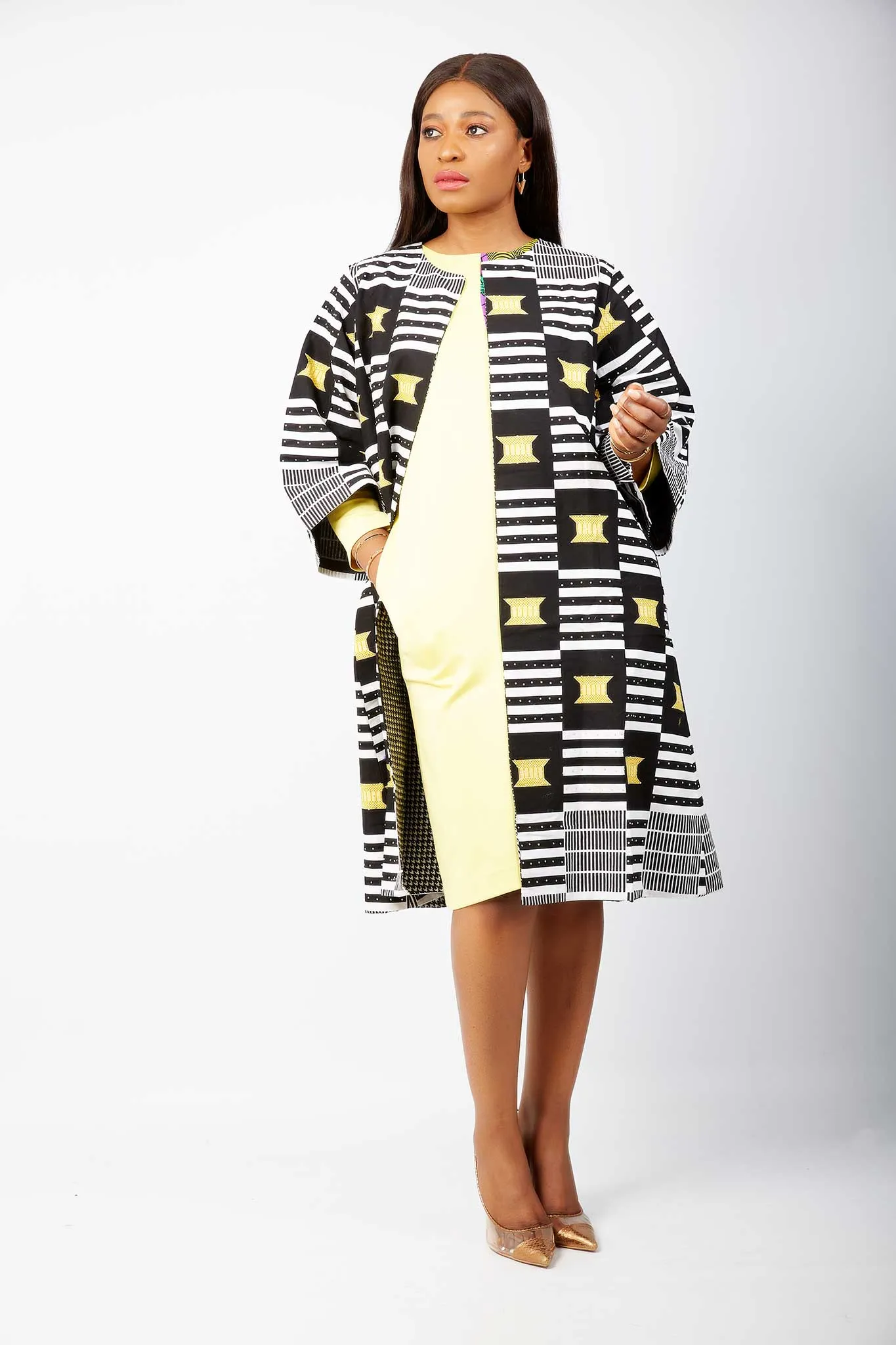 Monochrome Embellished African Print Midi Jacket - Oluchi