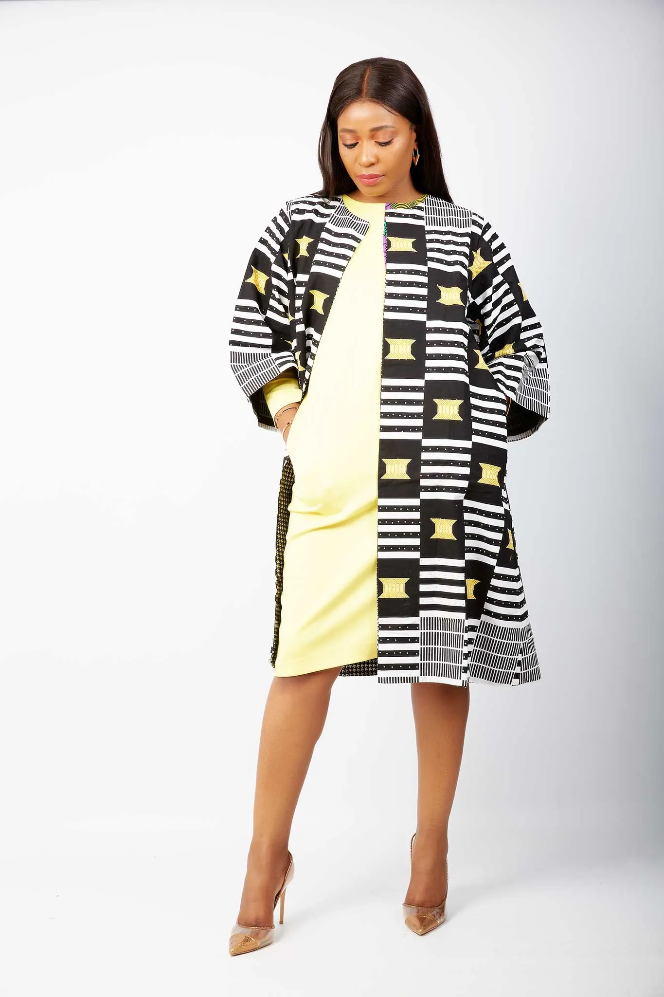 Monochrome Embellished African Print Midi Jacket - Oluchi