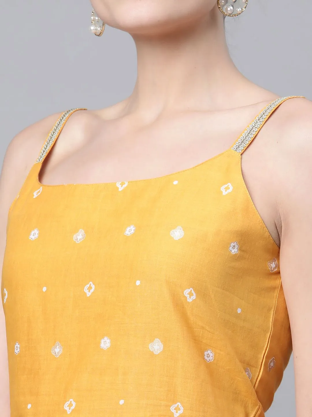 Mustard Pure Cotton Printed Shoulder Straps Tunic