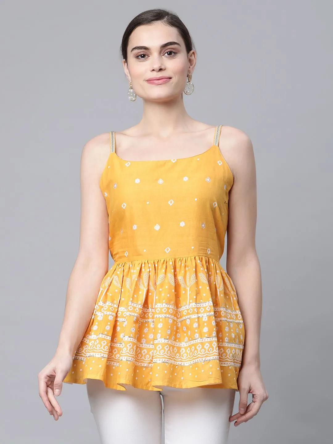 Mustard Pure Cotton Printed Shoulder Straps Tunic