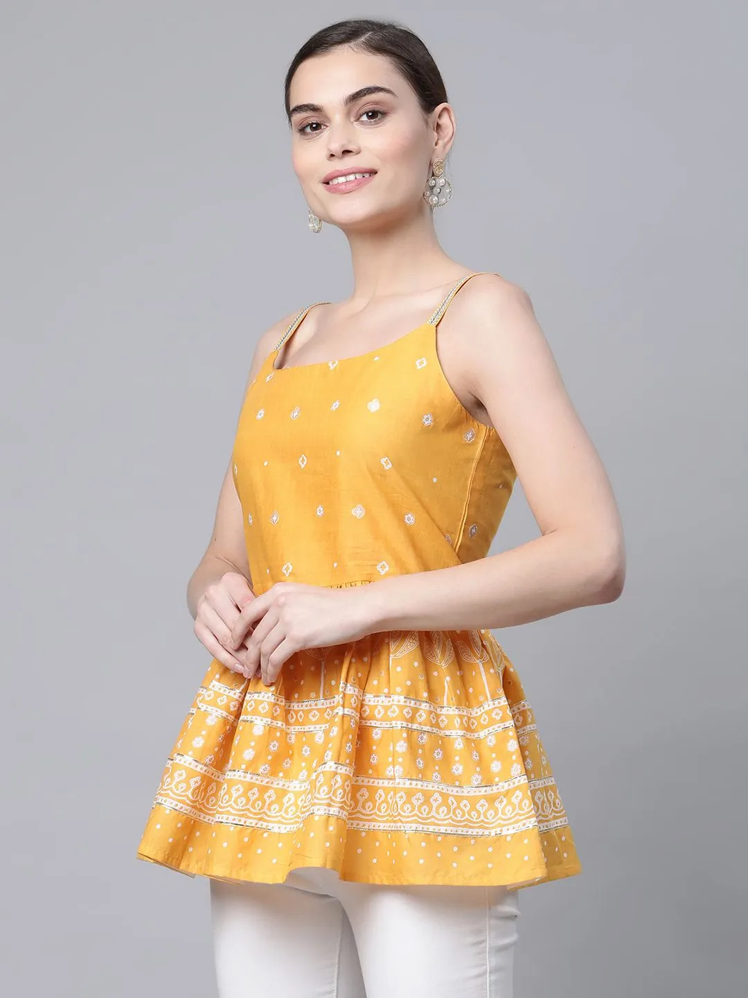 Mustard Pure Cotton Printed Shoulder Straps Tunic