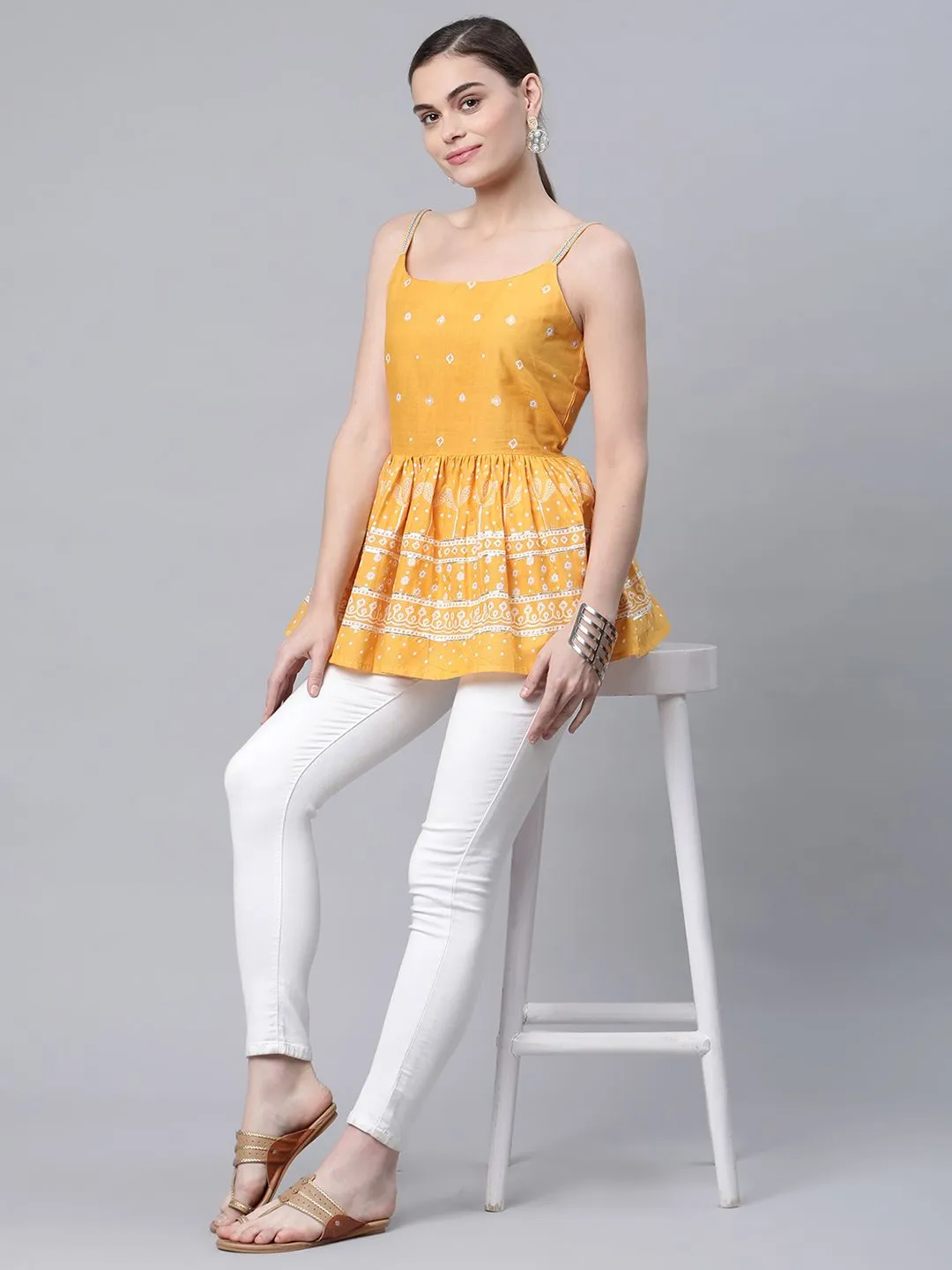 Mustard Pure Cotton Printed Shoulder Straps Tunic