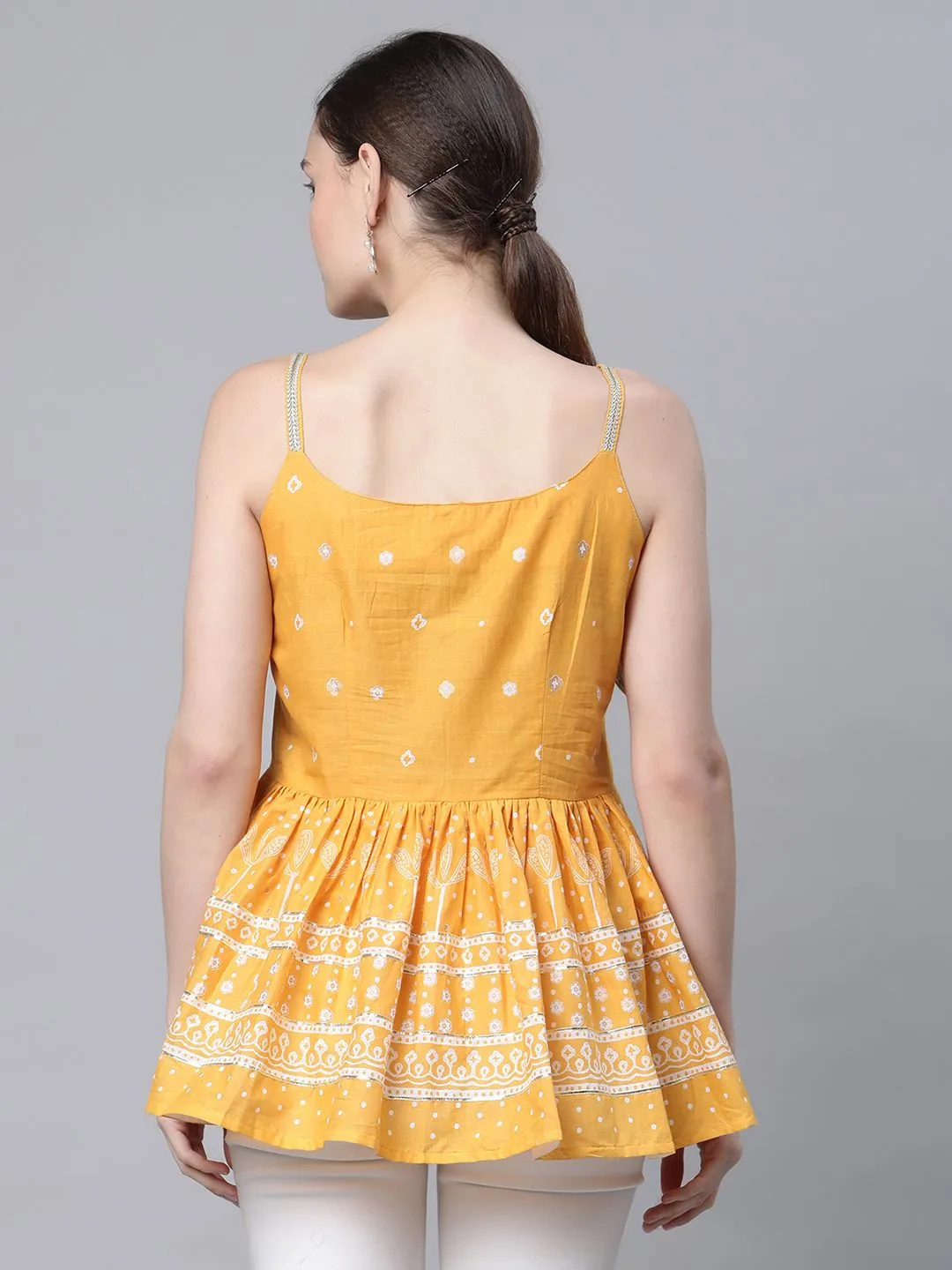 Mustard Pure Cotton Printed Shoulder Straps Tunic